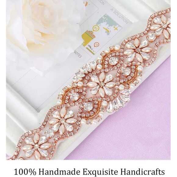 Bridal Crystal Pearl Wedding Sash Bead Trim Women Gowns Sash - Picture 4 of 7